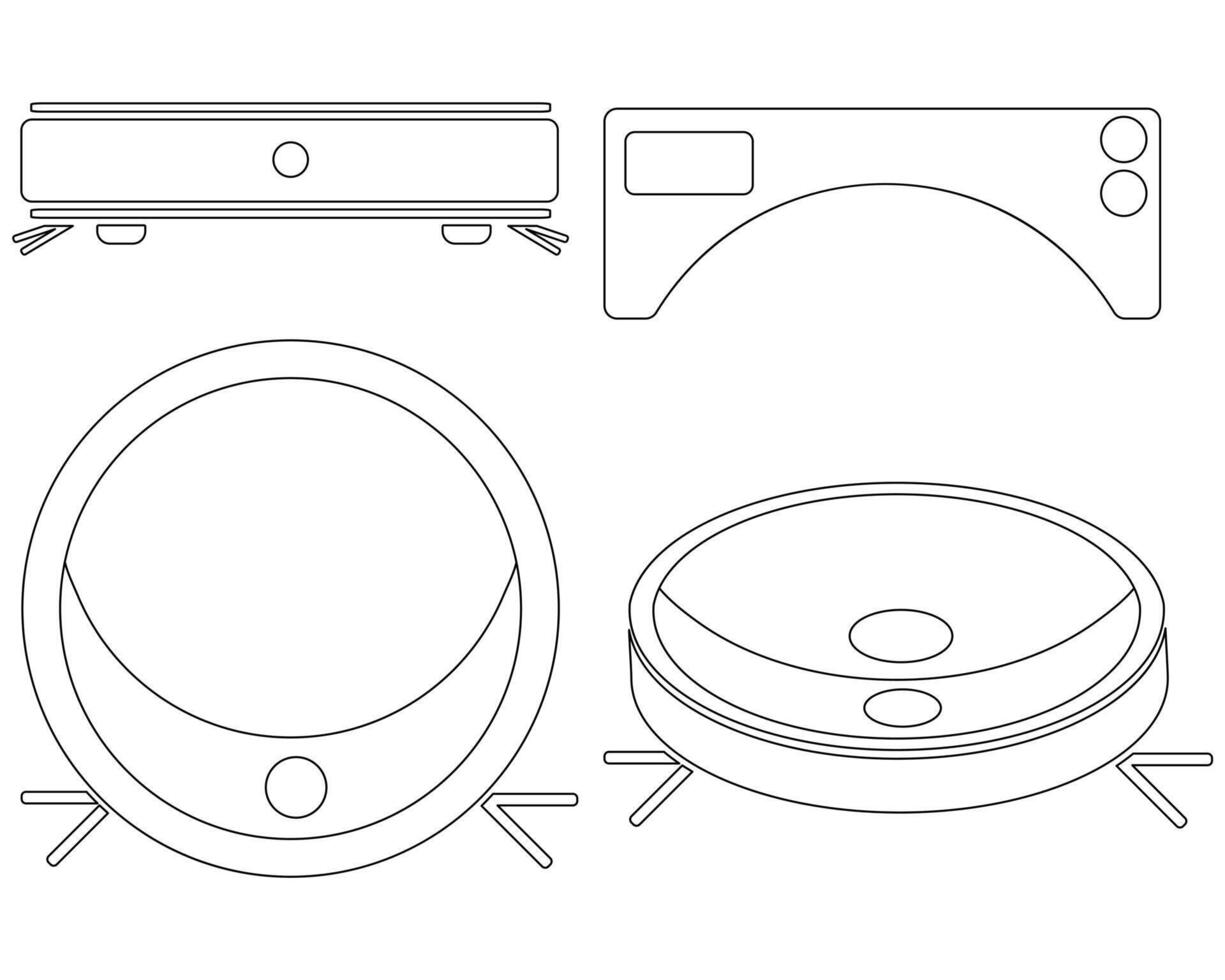 Set of contours of a robot vacuum cleaner from different angles, outline icons of home appliances vector