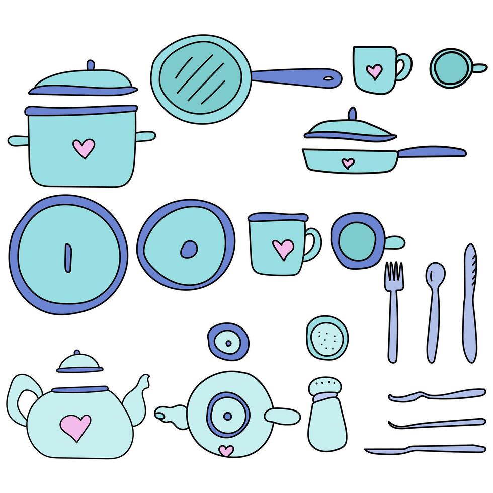 Set of utensils in doodle style, side and top view of kitchen utensils in delicate shades vector