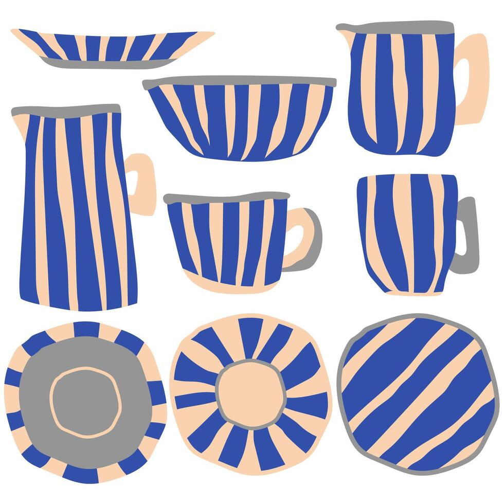 Set of stylish striped dishes, handmade ceramics, blue stripes on plates and cups vector