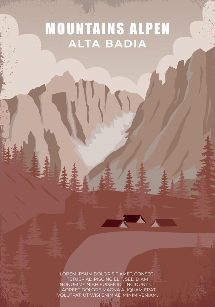 mountains alpen poster with valley of alta badia, illustration design graphic, camp on mountain vector