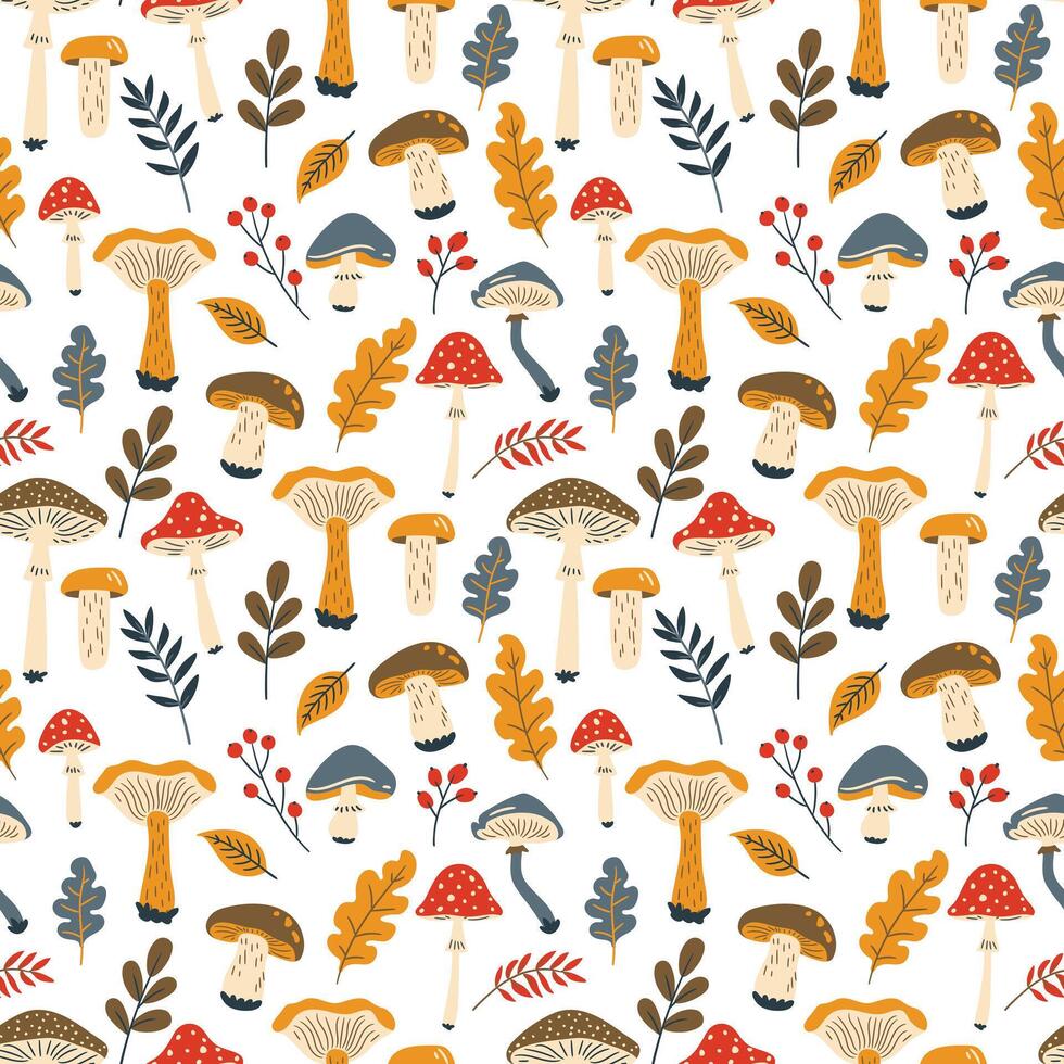 autumn seamless pattern with mushrooms, leaves and berries. illustration in doodle style, flat style vector