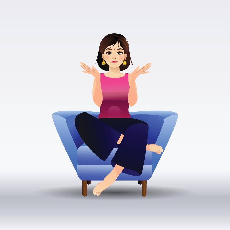An Indian Girl sitting on the couch with a confused expression Character Design and a Background vector