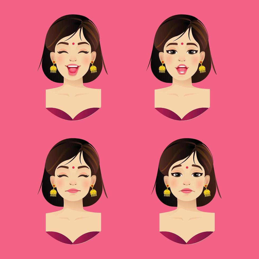An Indian woman with different Cute facial expressions Character Design and a Background vector