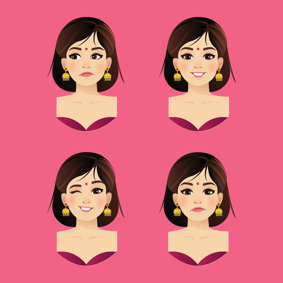 An Indian woman with different facial expressions Character Design and a Background vector