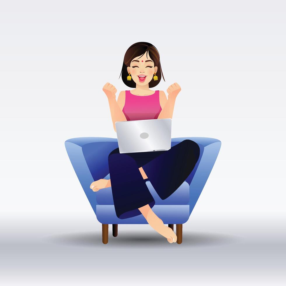 An Indian girl sitting on the couch with a laptop Character Design and a Background vector