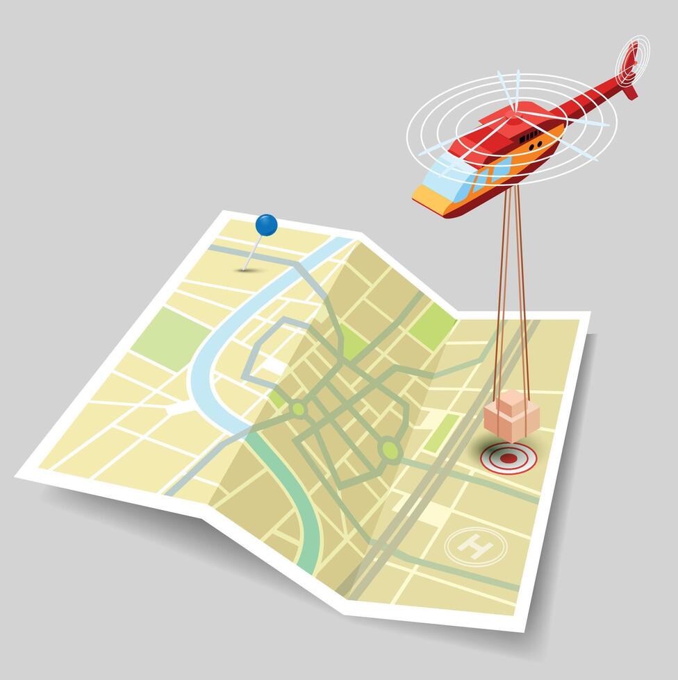 Illustration of a Isometric helicopter is delivering parcel package in the location vector