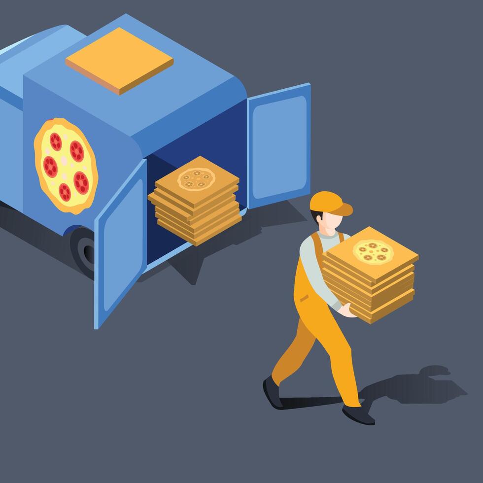 A Isometric pizza delivery boy with delivery car vector