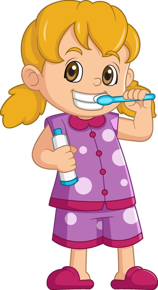 Cartoon little girl brushing teeth vector