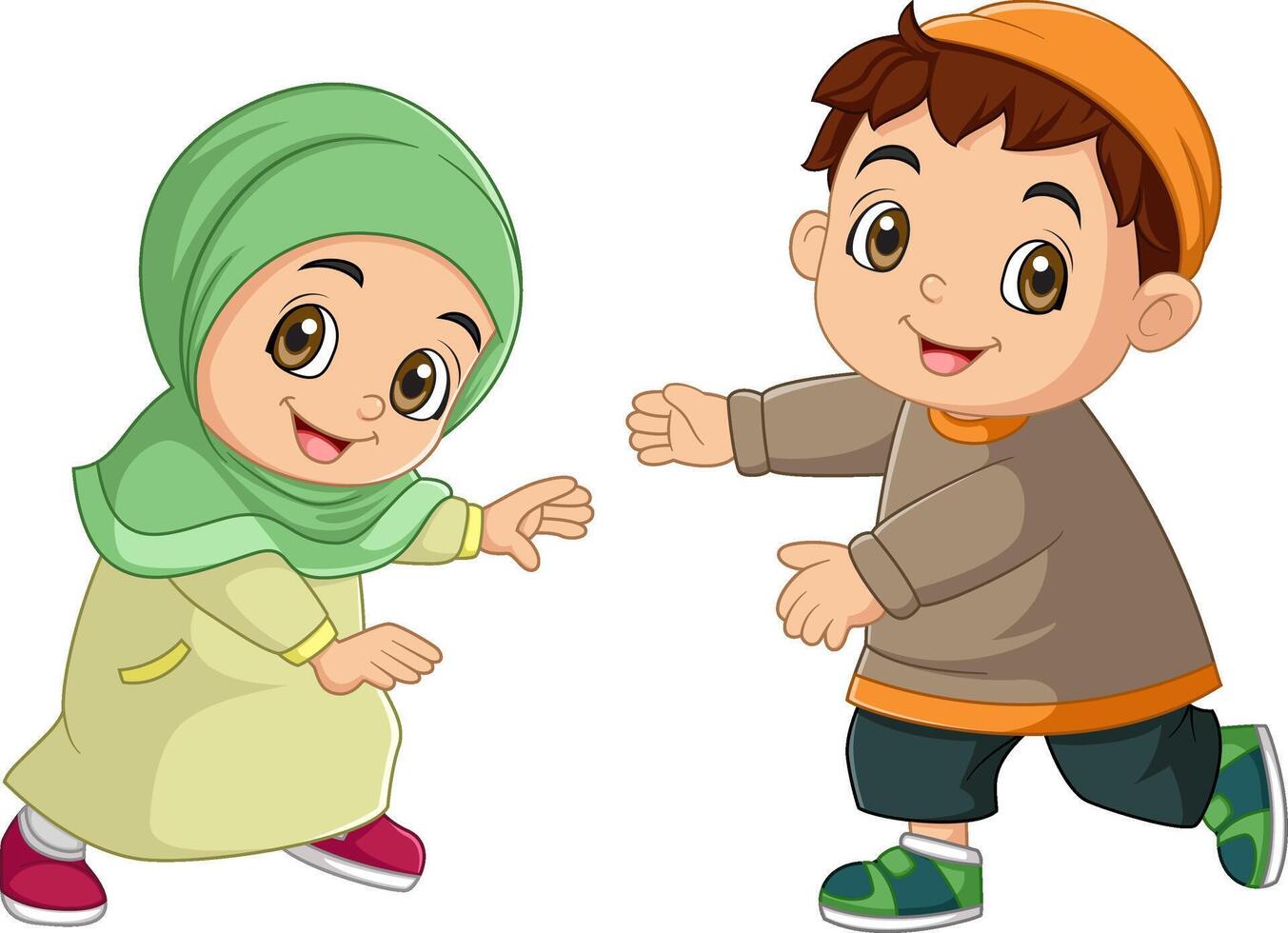 Happy muslim girl and boy cartoon vector