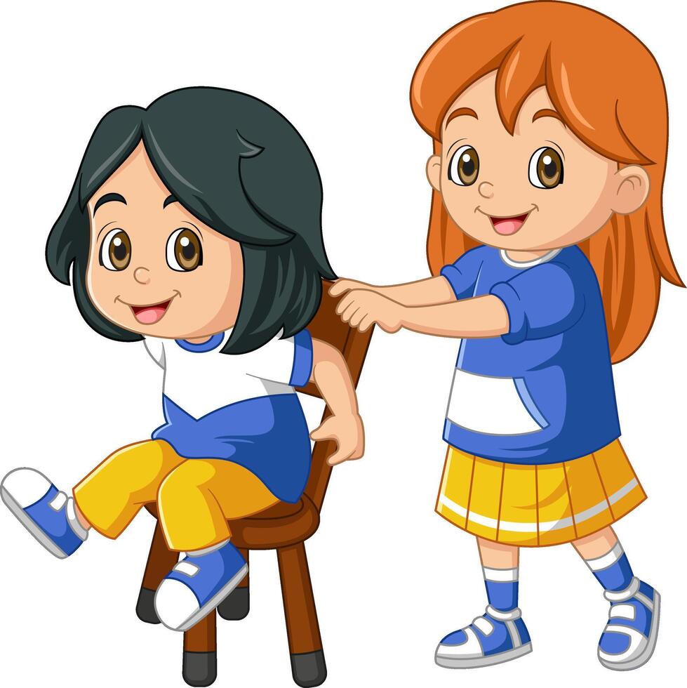 happy two girl playing with chair vector