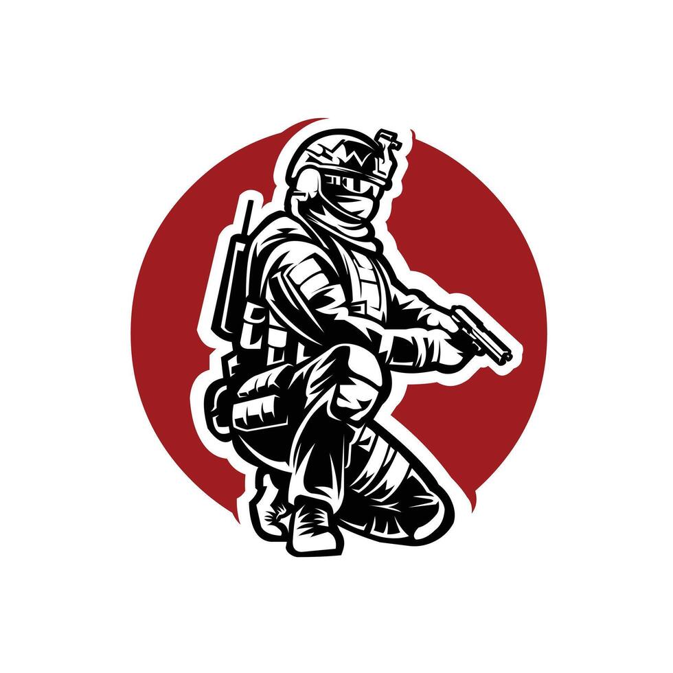 Special Ops Unit Operator Soldier Kneeling While Holding a Gun Design Illustration Isolated vector