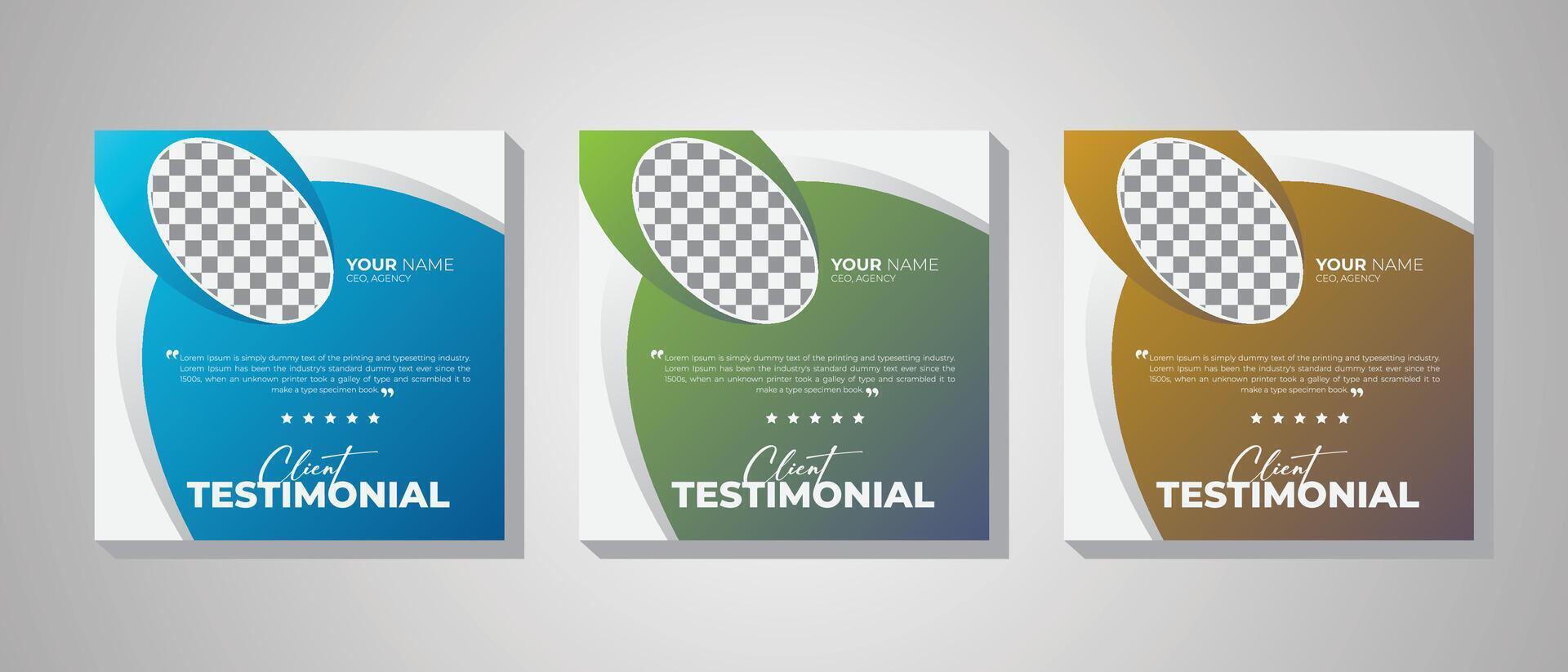 Creative, corporate, modern Customer service review template, Three gradient colorful variation modern client testimonial square banner template design. vector