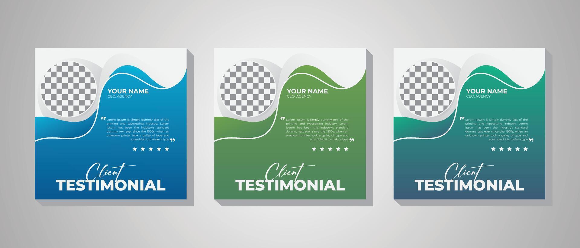 Abstract Technology client testimonial design template, three colorful variation square banner template vector