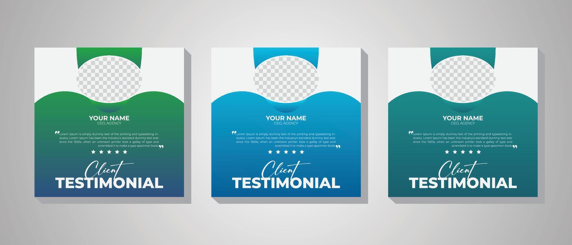 Corporate minimal square banner template client testimonial design layout. Three gradient colorful variation modern client testimonial square banner template design. vector