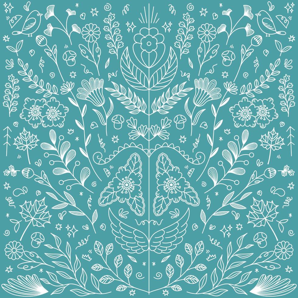 An intricate, hand-drawn illustration of a symmetrical floral design. Delicate lines of botanical elements illustration design. vector