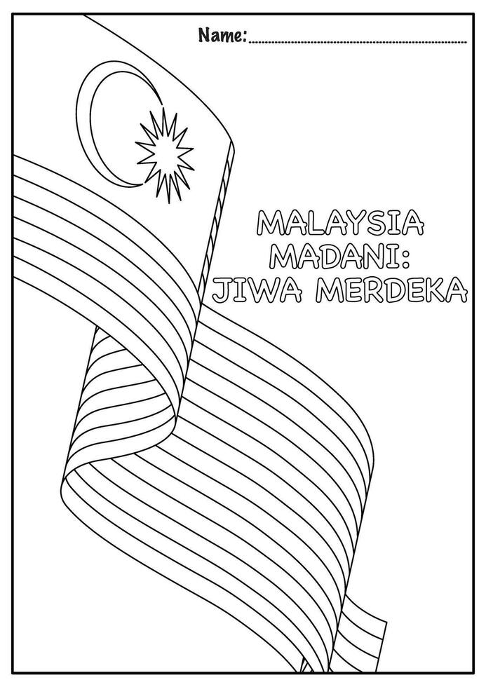 Malaysian flag outline for kids colouring about Independence Day of Malaysia with 2024 theme named Malaysia Madani Jiwa Merdeka. A colouring page poster of Malaysian flag for Independence Day. vector
