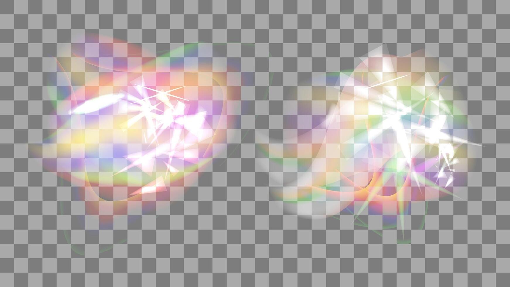 Transparent light color rainbow prism effect flare. Optical rainbow lights set. Sparkling realistic highlights. illustration. vector
