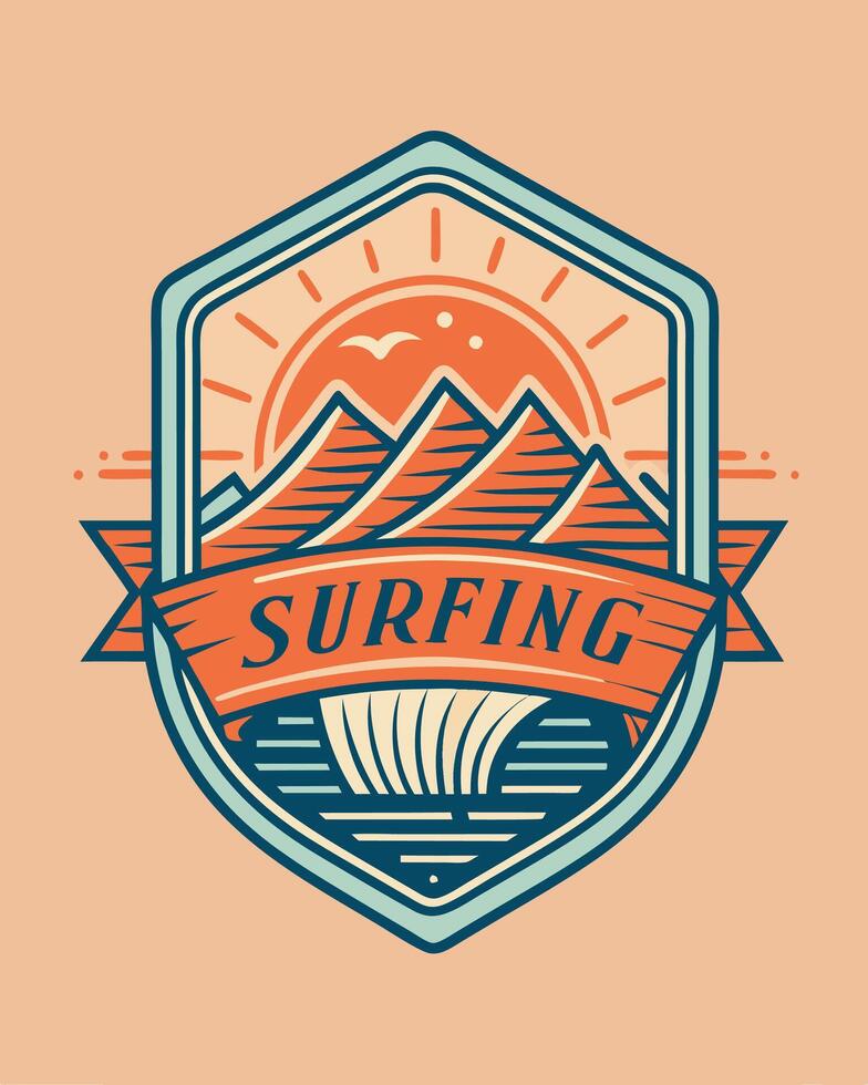 Monoline logo sea with surfing board vintage style vector