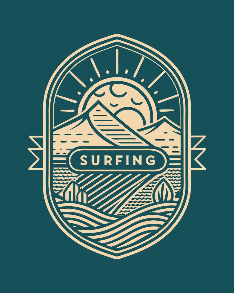 Monoline logo sea with surfing board vintage style vector