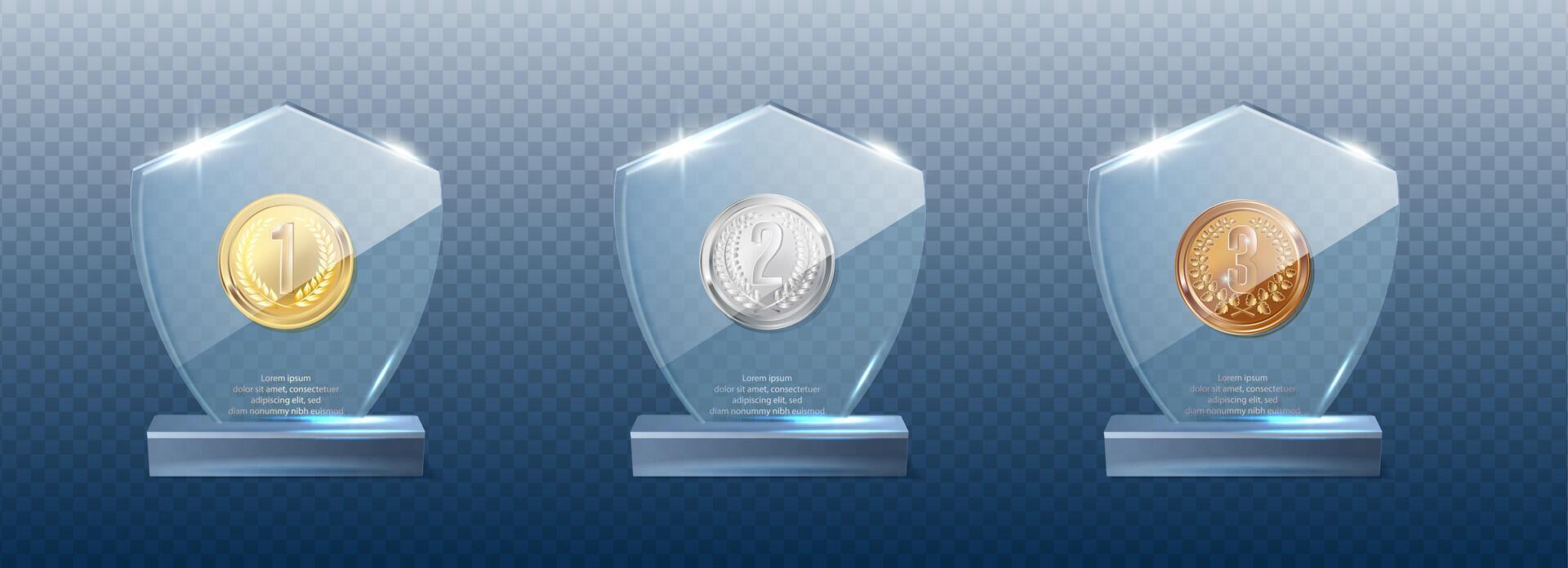 3d realistic icon set. Crystal glass winner trophy with wooden base with golden frame. Isolated on transparent background. vector