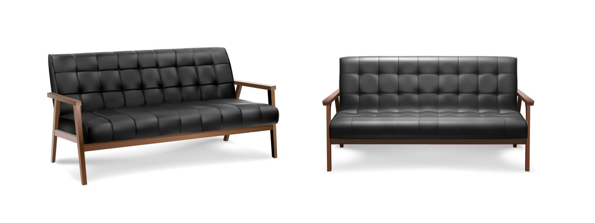 3d realistic icon illustration. Black leather sofa in side and front view. isolated on white bakground. vector