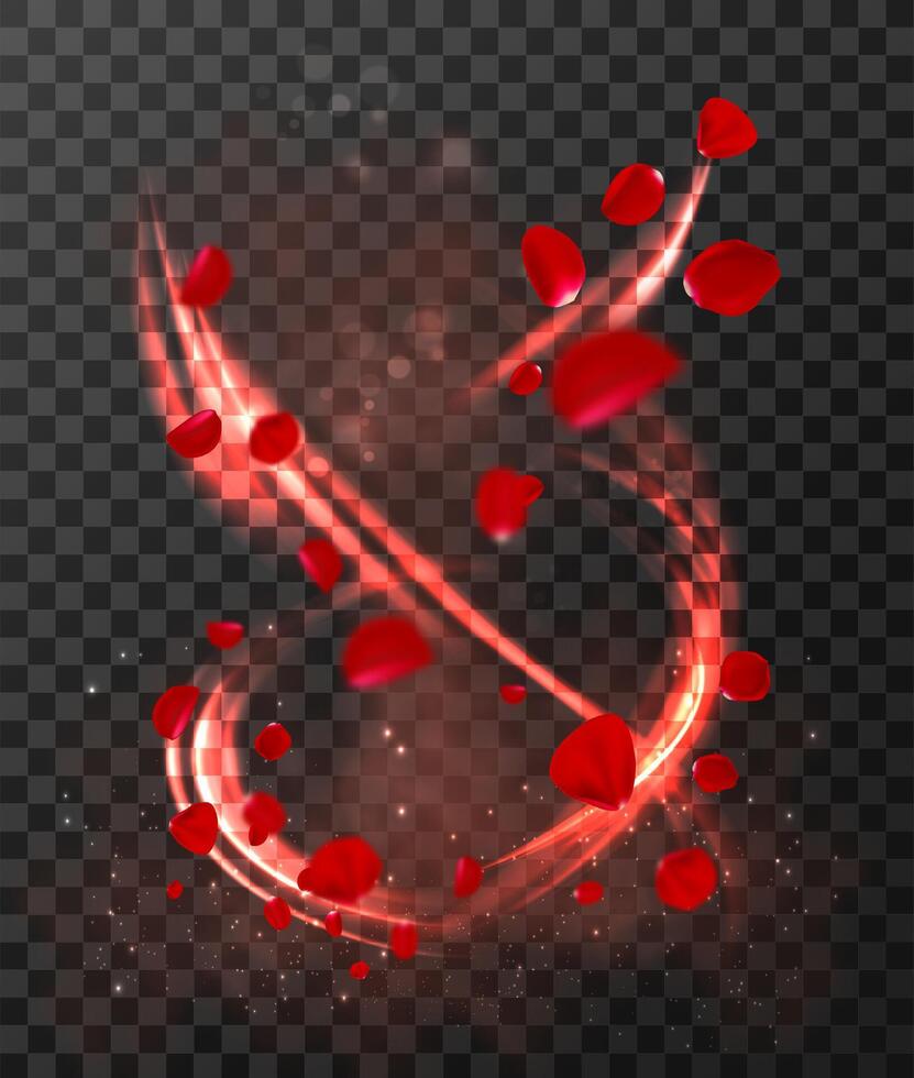 Red rose petals swirl with magic glowy strokes. Isolated on dark background. vector