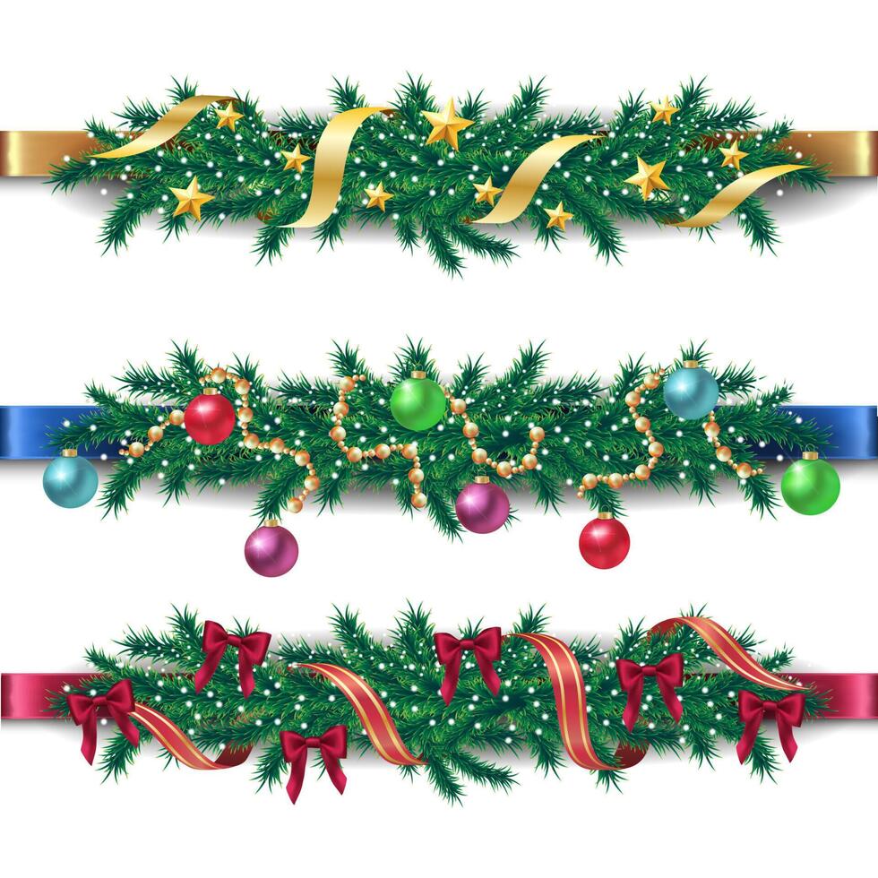 Collection of Christmas borders with fir branches, different accessories, ribbons, shiny balls and stars. isolated illustration. vector