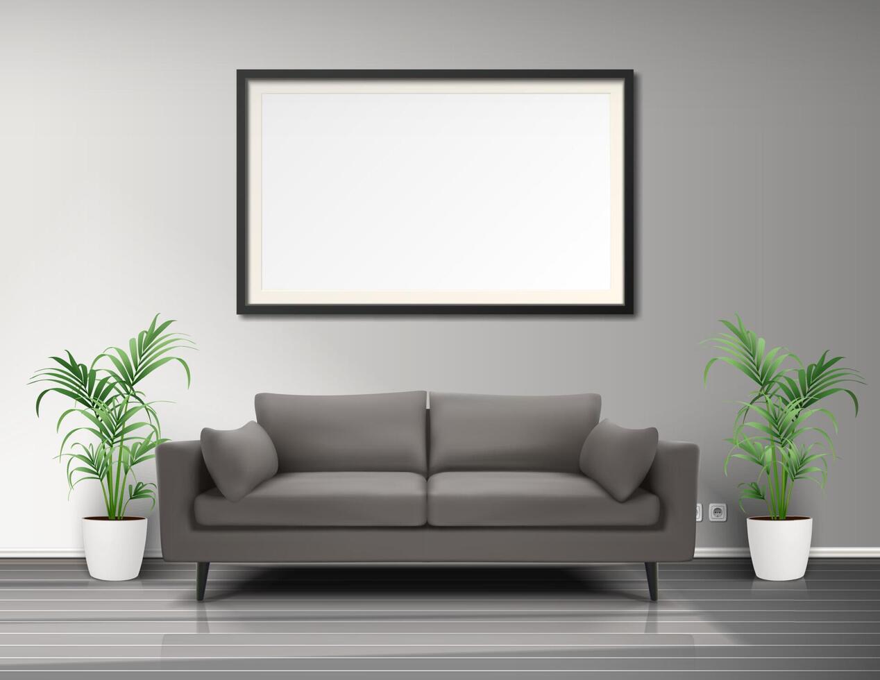 3d realistic living room interior with picture frame, sofa floor pots. vector