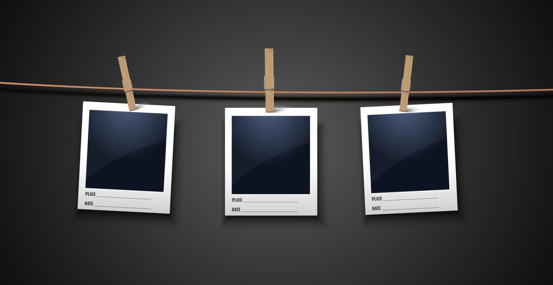 realistic vintage style blank photo frame set hanging on a wooden cloth pegs with place for your text or photo, icon design template. Isolated on background. vector