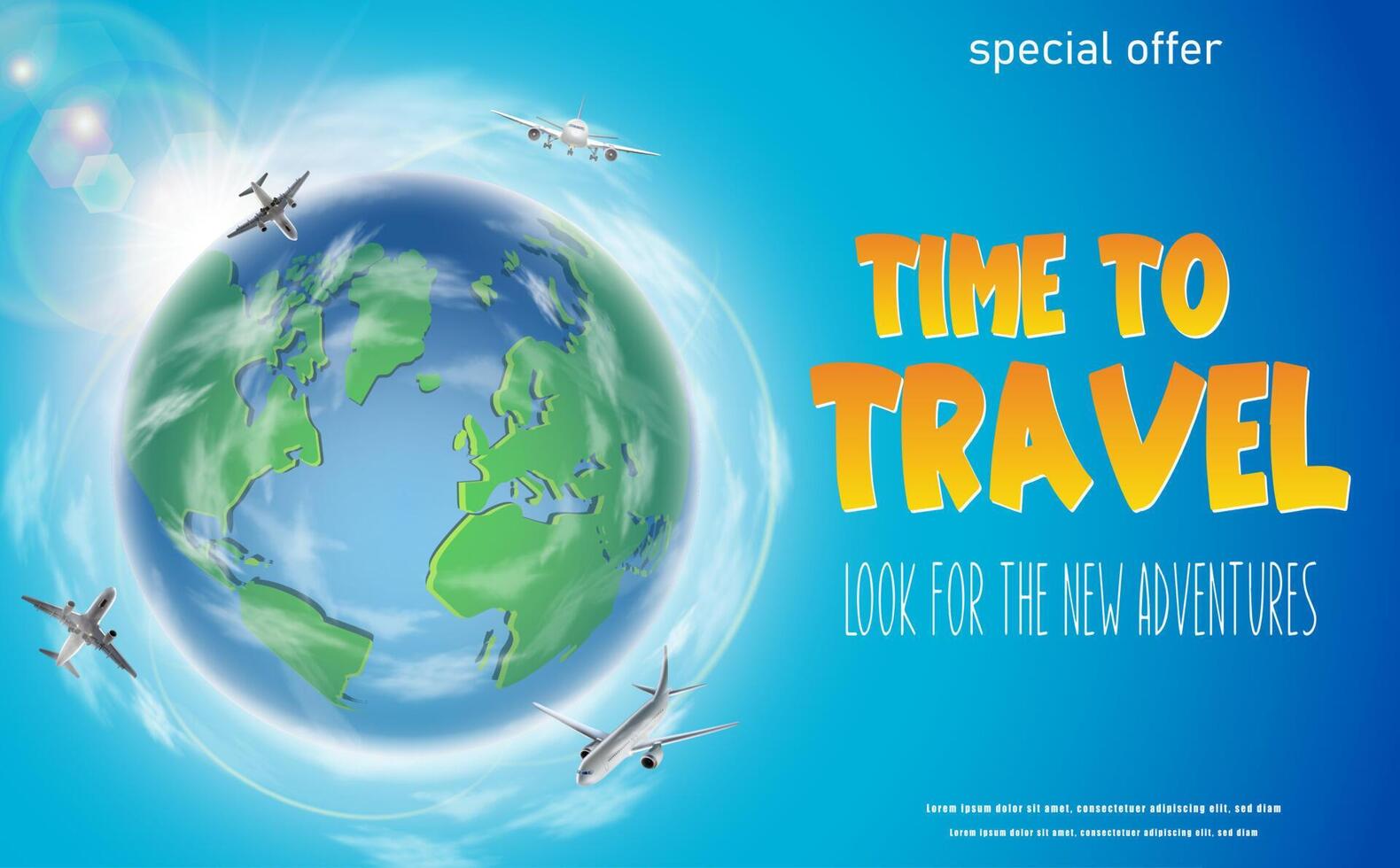 Time to travel banner with green globe and flying planes around. Horizontal orientation. vector
