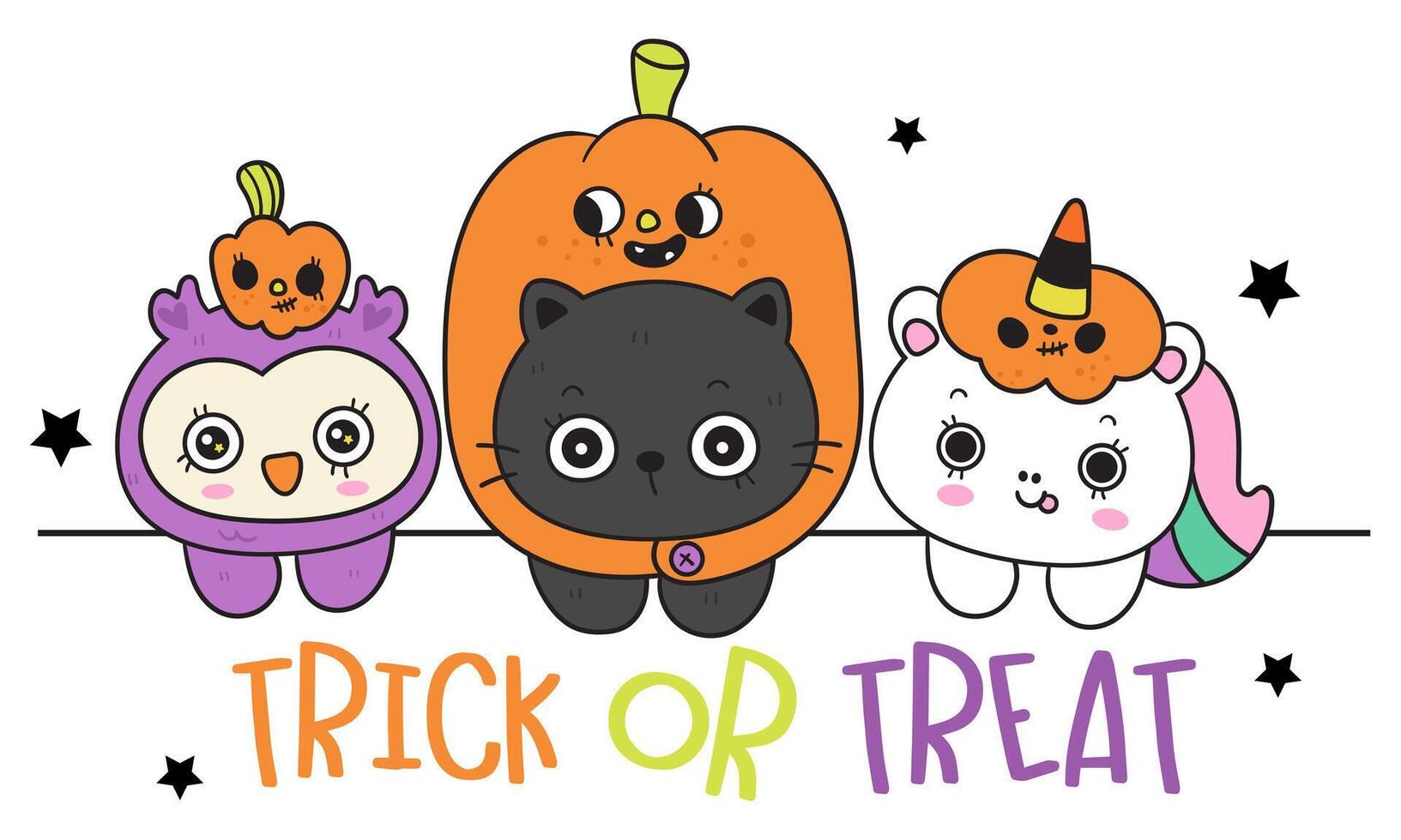 Halloween animal set with cute unicorn cartoon kawaii cat kitten drawing and spooky owl vector