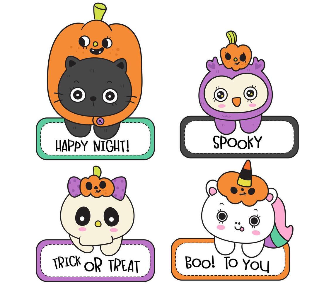 Halloween frame design with cute unicorn cartoon kawaii cat kitten drawing owl and spooky skull border vector