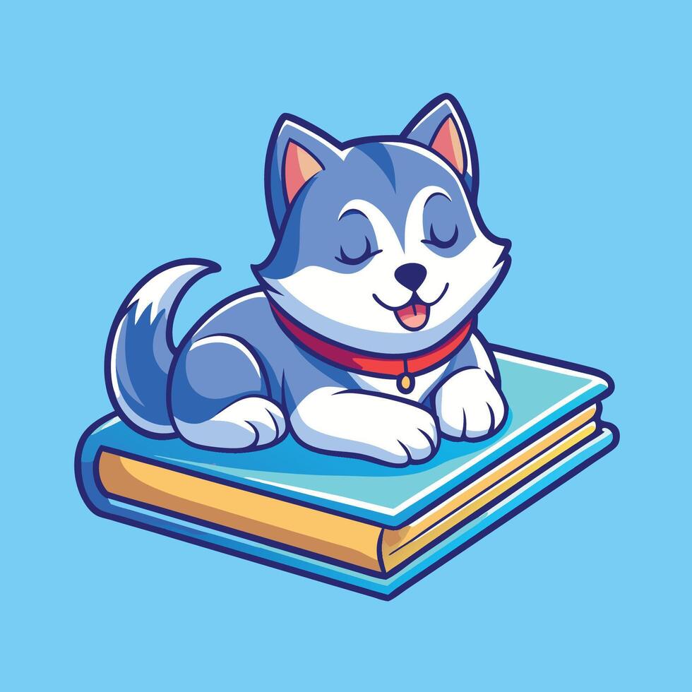 Adorable Husky Dog Snoozing Comfortably on a Book Illustration vector
