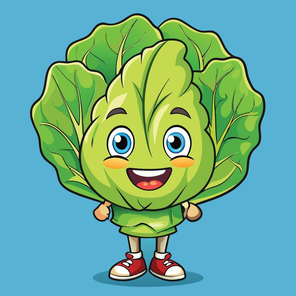 Smiling Cartoon Character of a Cute Green Mustard Lettuce with Red Cheeks vector
