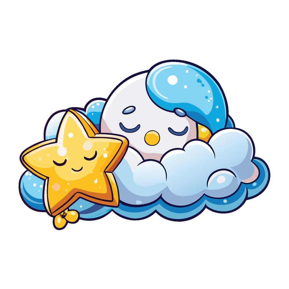 Adorable Sleepy Cloud Embracing a Shimmering Star Cartoon vector