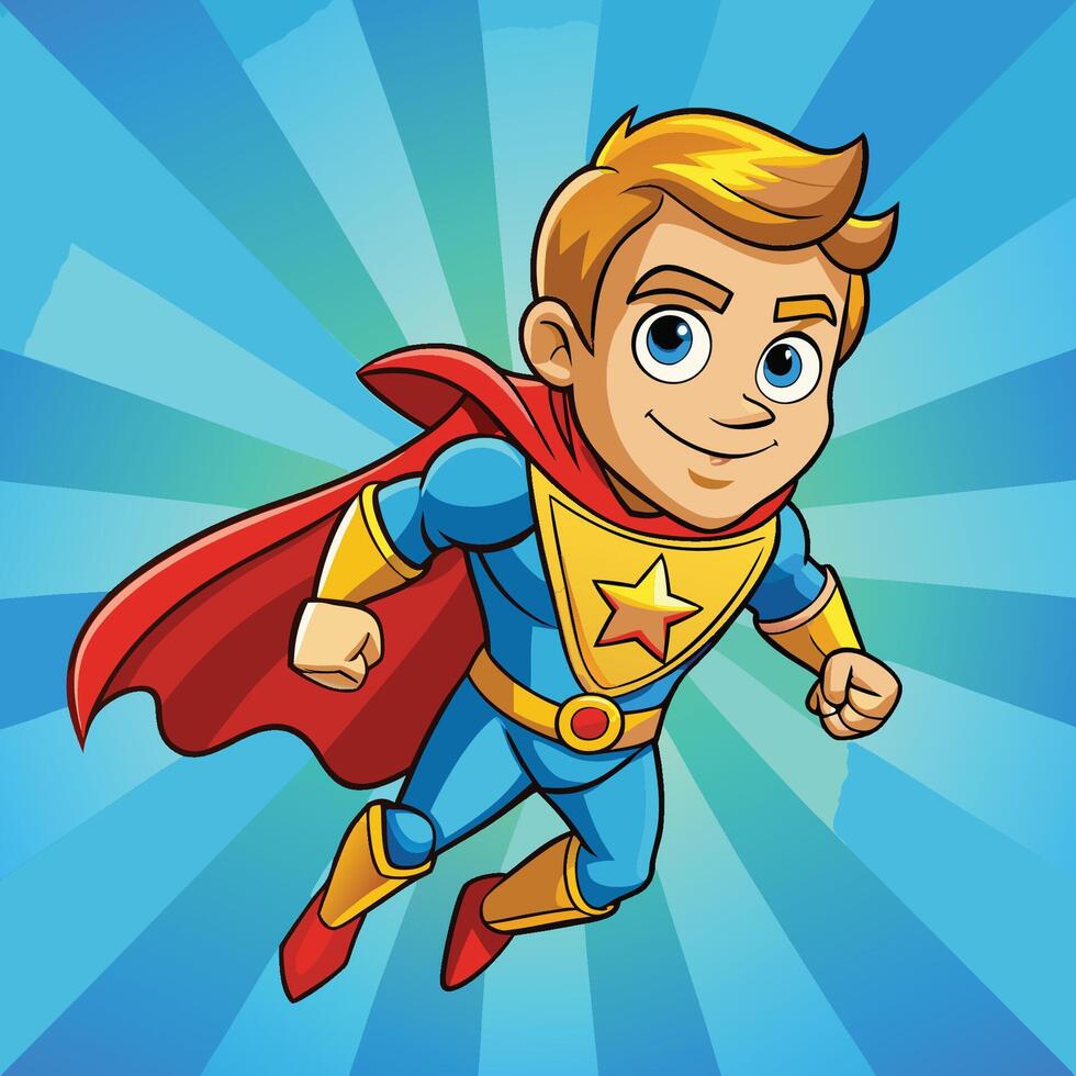 Adorable Superhero Man Soaring through the Skies in Cartoon Illustration vector