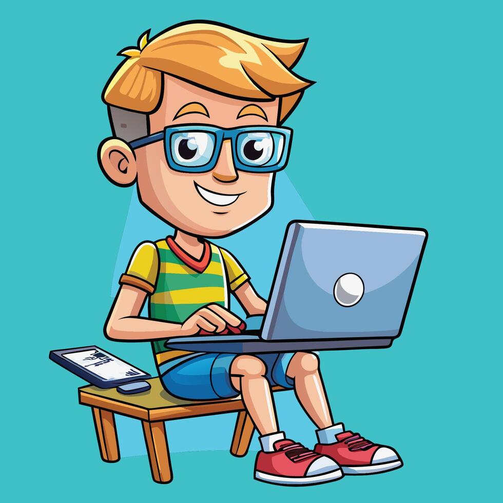 Freelancer Man Hard at Work on His Laptop with a Focused Expression vector