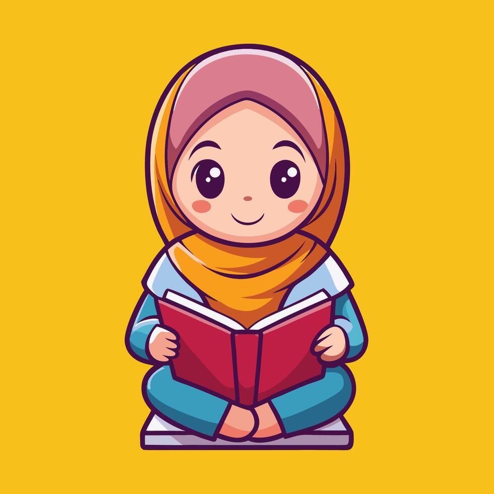Cute Cartoon Icon of a HijabWearing Girl Reading a Book vector