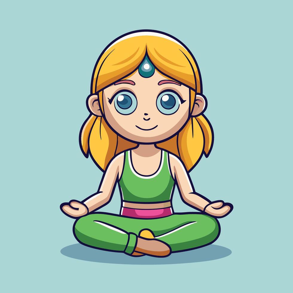 Cute Girl Practicing Meditation Yoga in a Cartoon Illustration vector