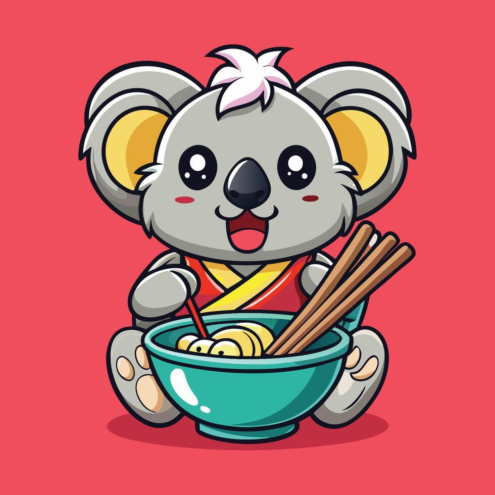 Adorable Koala Bear Enjoying Ramen Noodles with Chopsticks in Cute Cartoon Depiction vector