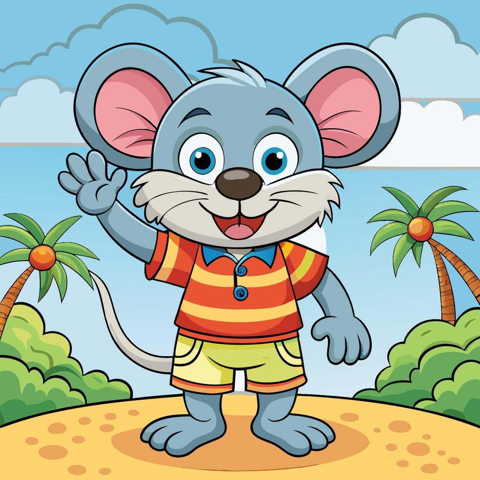 Adorably Cute SummerThemed Mouse Waving Hello Cartoon Icon Illustration vector