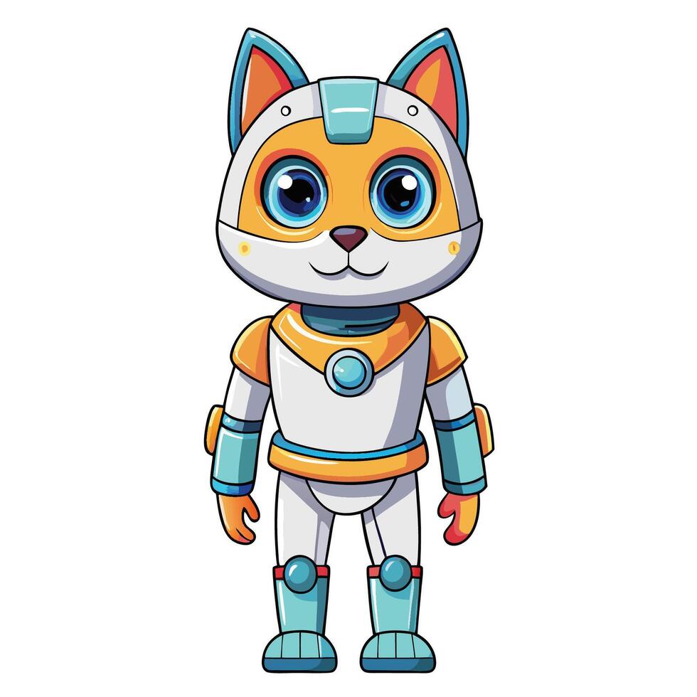 Cute Standing Cartoon Cat Robot with Big Eyes and a Bow vector