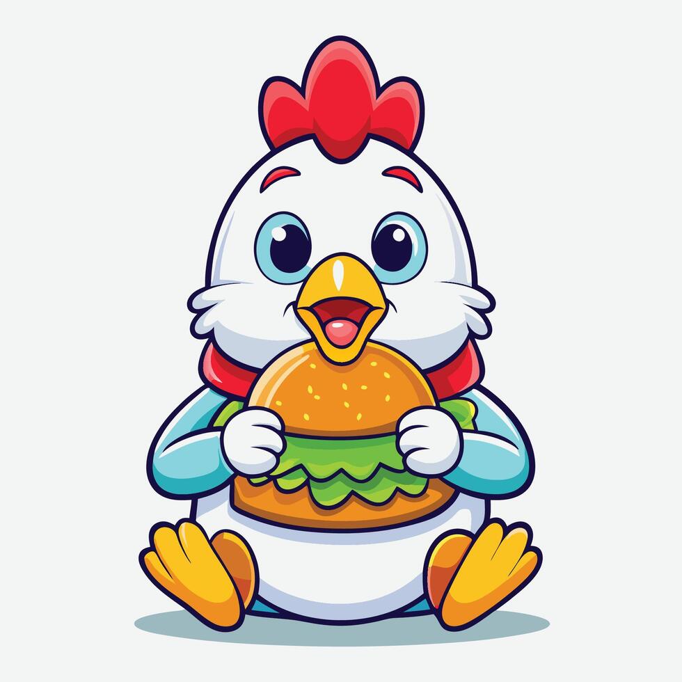 Cute Cartoon Icon of a Chicken Enjoying a Delicious Burger vector
