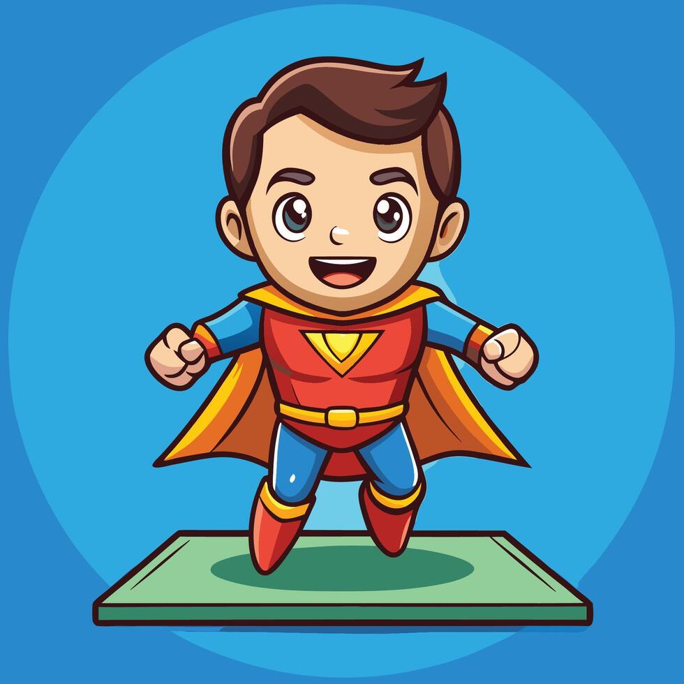 Adorable Super Hero Man Landing with a Victorious Gesture in Cartoon Style vector