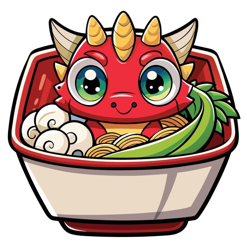 Kawaii Dragon Basking in a Bowl of Ramen Noodle Soup vector