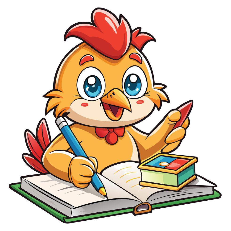 Adorable Cartoon Chicken Scribbling Notes on a Book with a Pencil vector