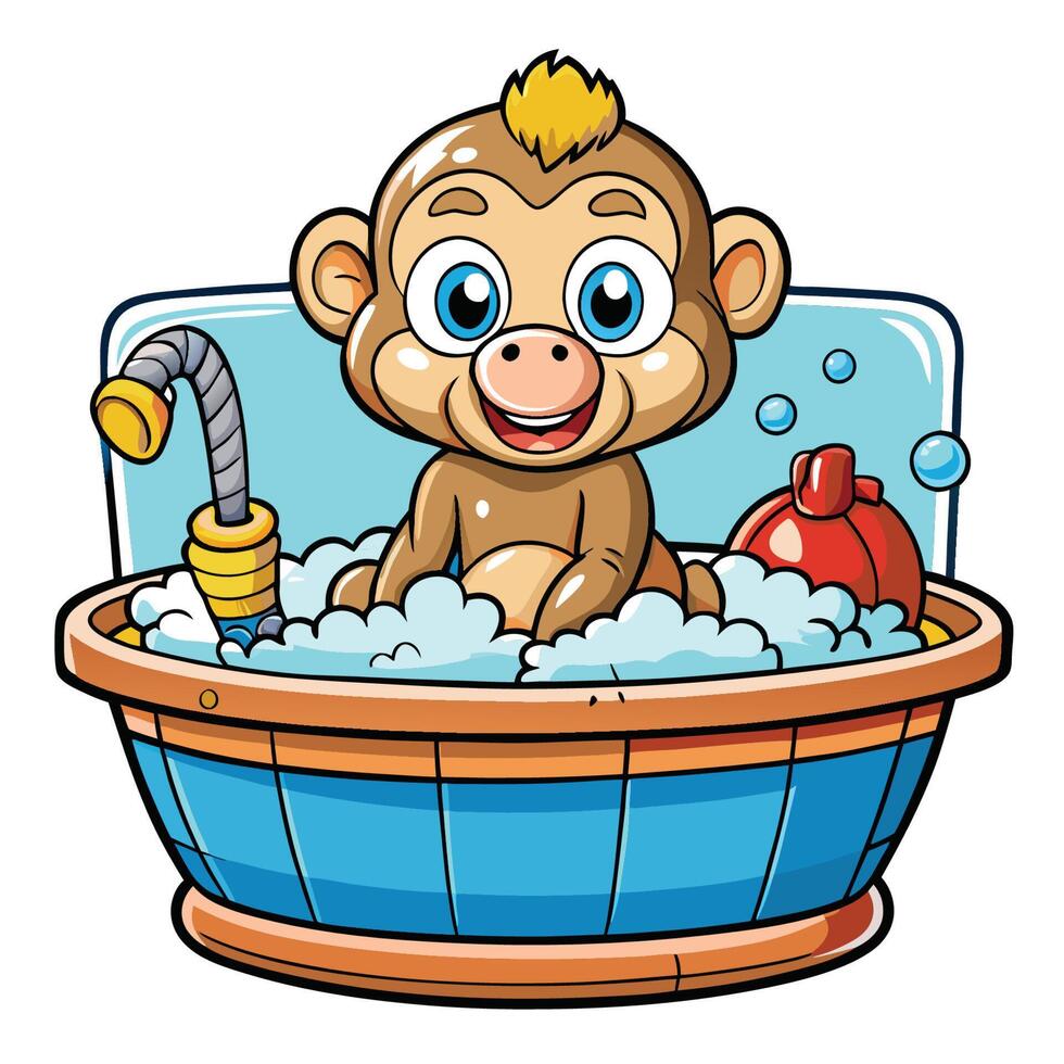 Adorable Bathing Monkey Cartoon Icon in Tub vector