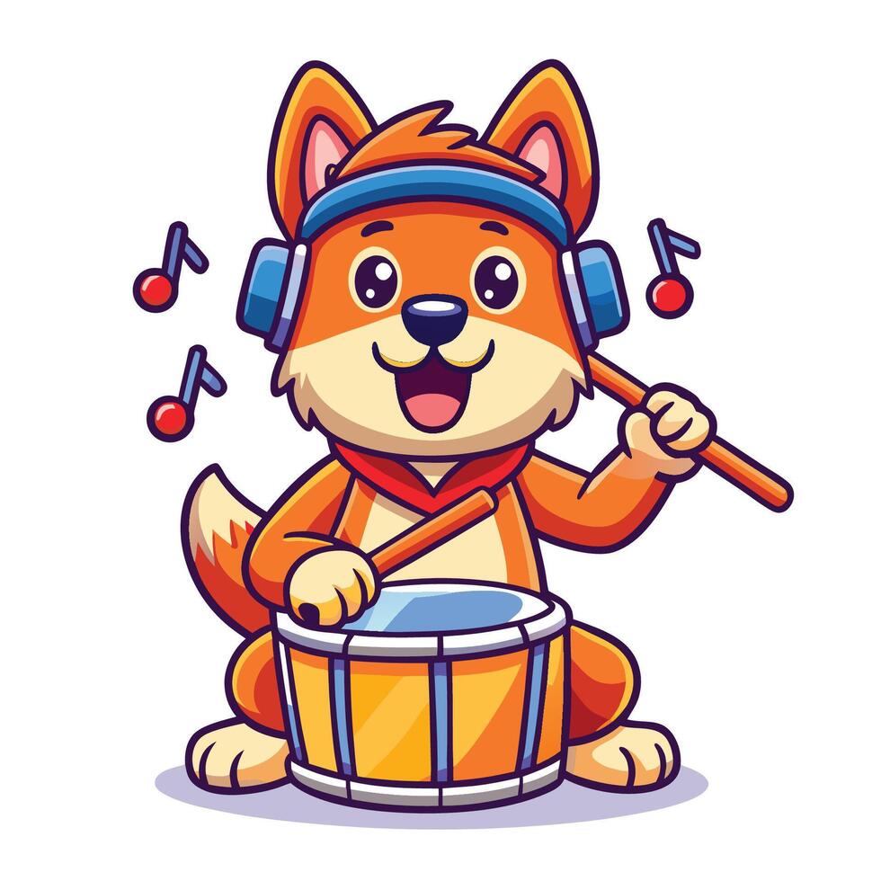 Adorable Canine Drummer Playing Rhythm with a Stick and Notated Music vector