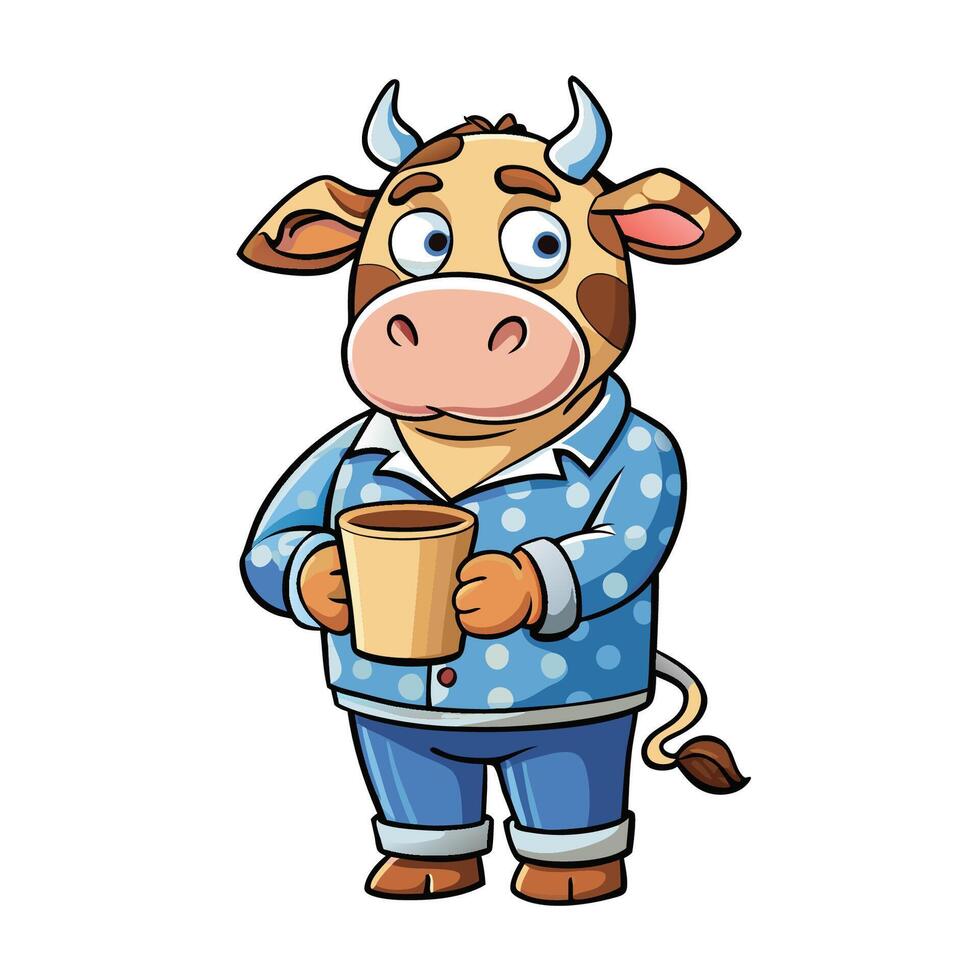 SleepyEyed Cow Holding Coffee for a Caffeinated WakeUp Call vector
