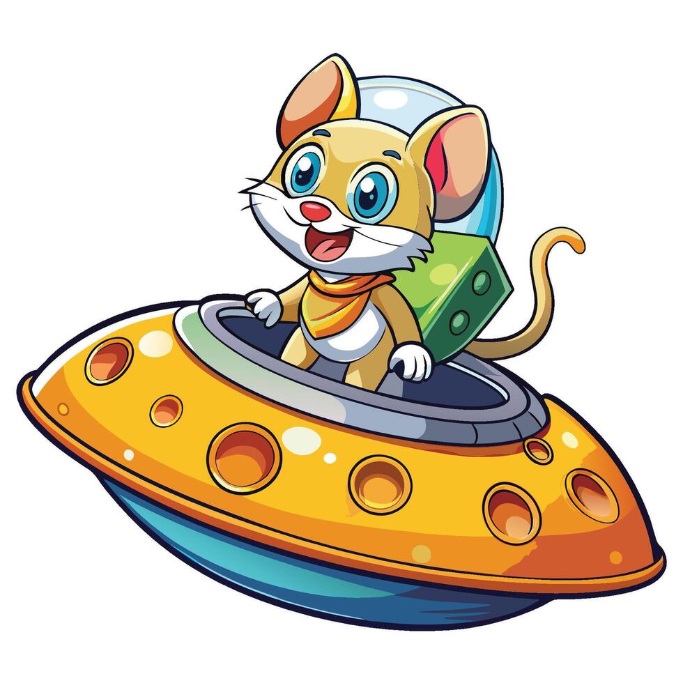 Adorable Mouse Riding a CheeseShaped UFO in a Cartoonish Illustration vector